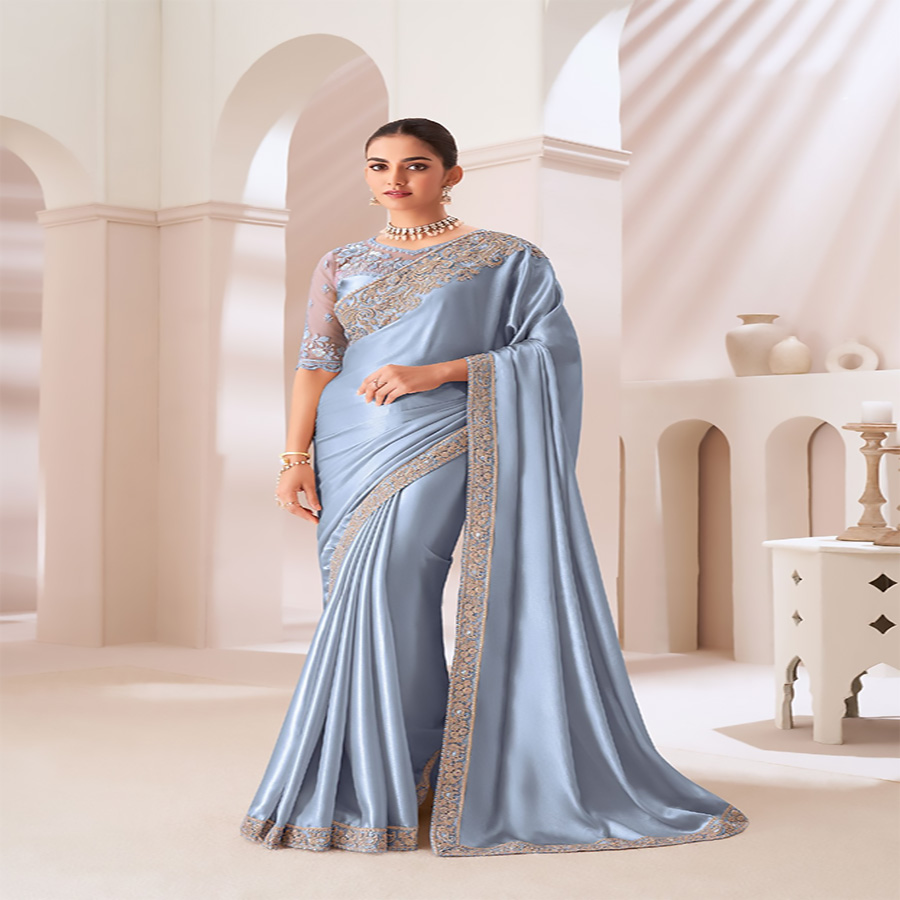 Blue Sartin silk Partywear Saree